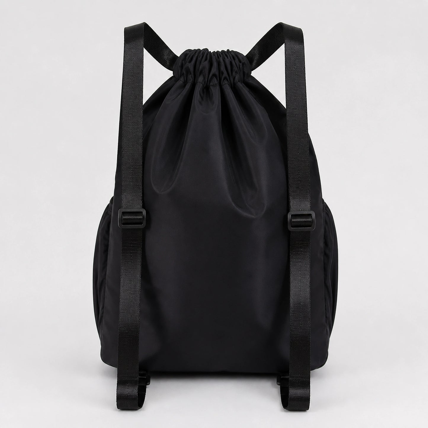 drawstring backpack — Black drawstring sports backpack, true rear strap construction — view 6