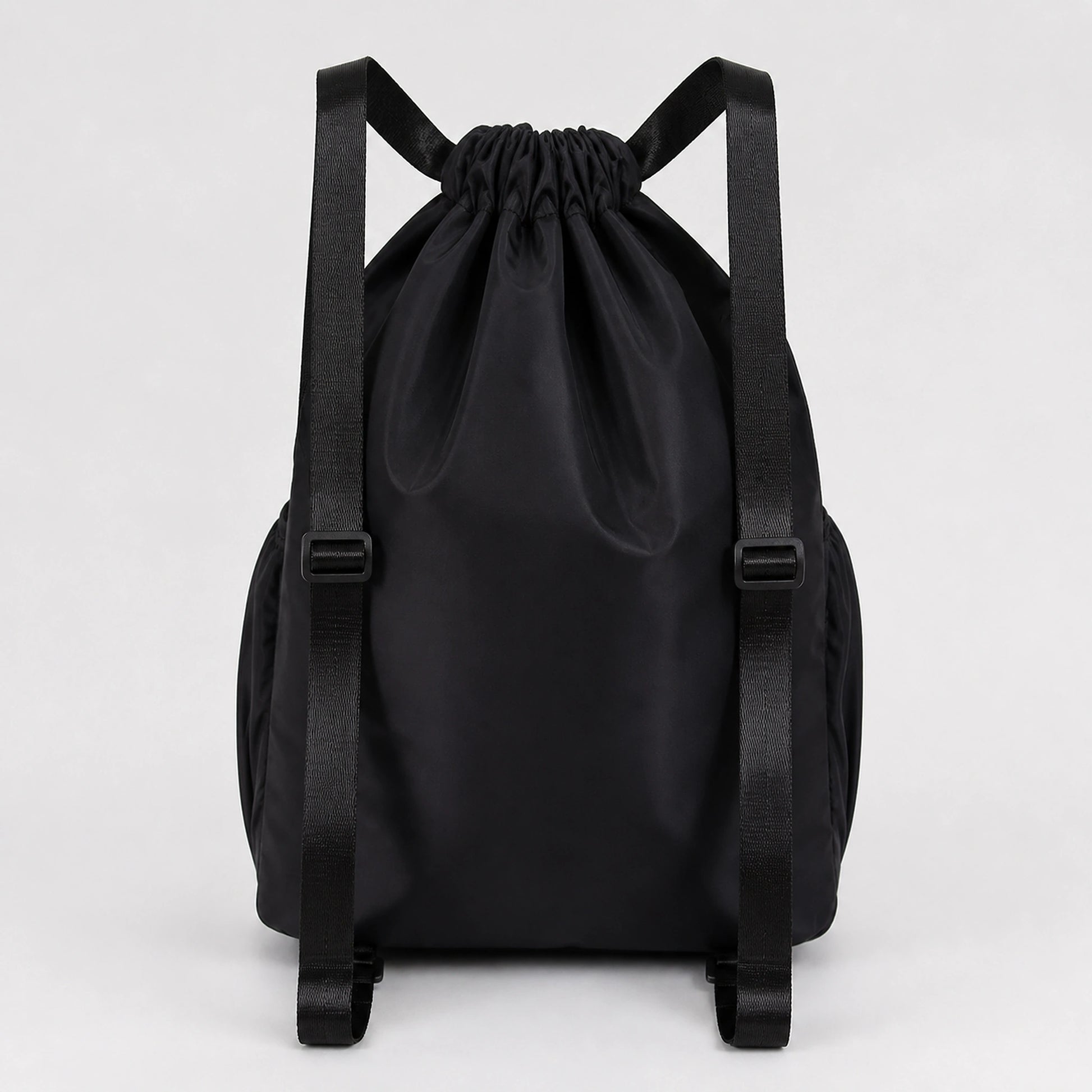 drawstring backpack — Black drawstring sports backpack, true rear strap construction — view 6