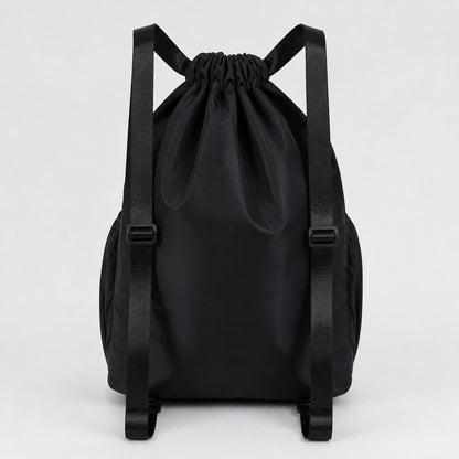 drawstring backpack — Black drawstring sports backpack, true rear strap construction — view 6