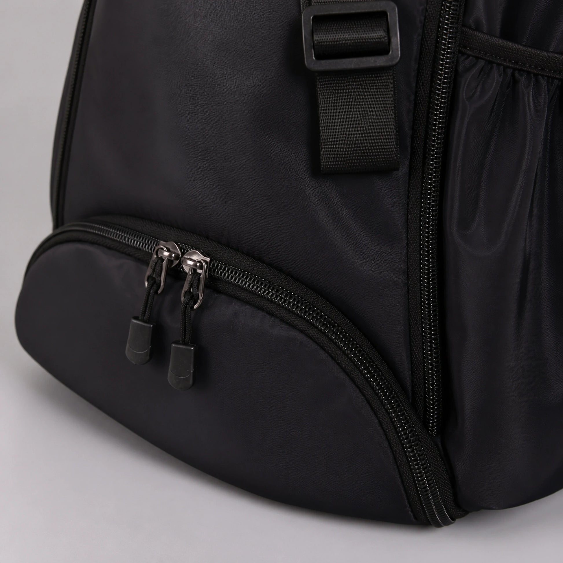 drawstring backpack — Black drawstring sports backpack, zipper strap and material detail — view 7