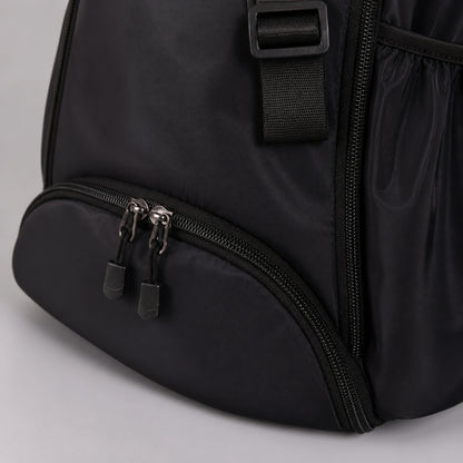 drawstring backpack — Black drawstring sports backpack, zipper strap and material detail — view 7