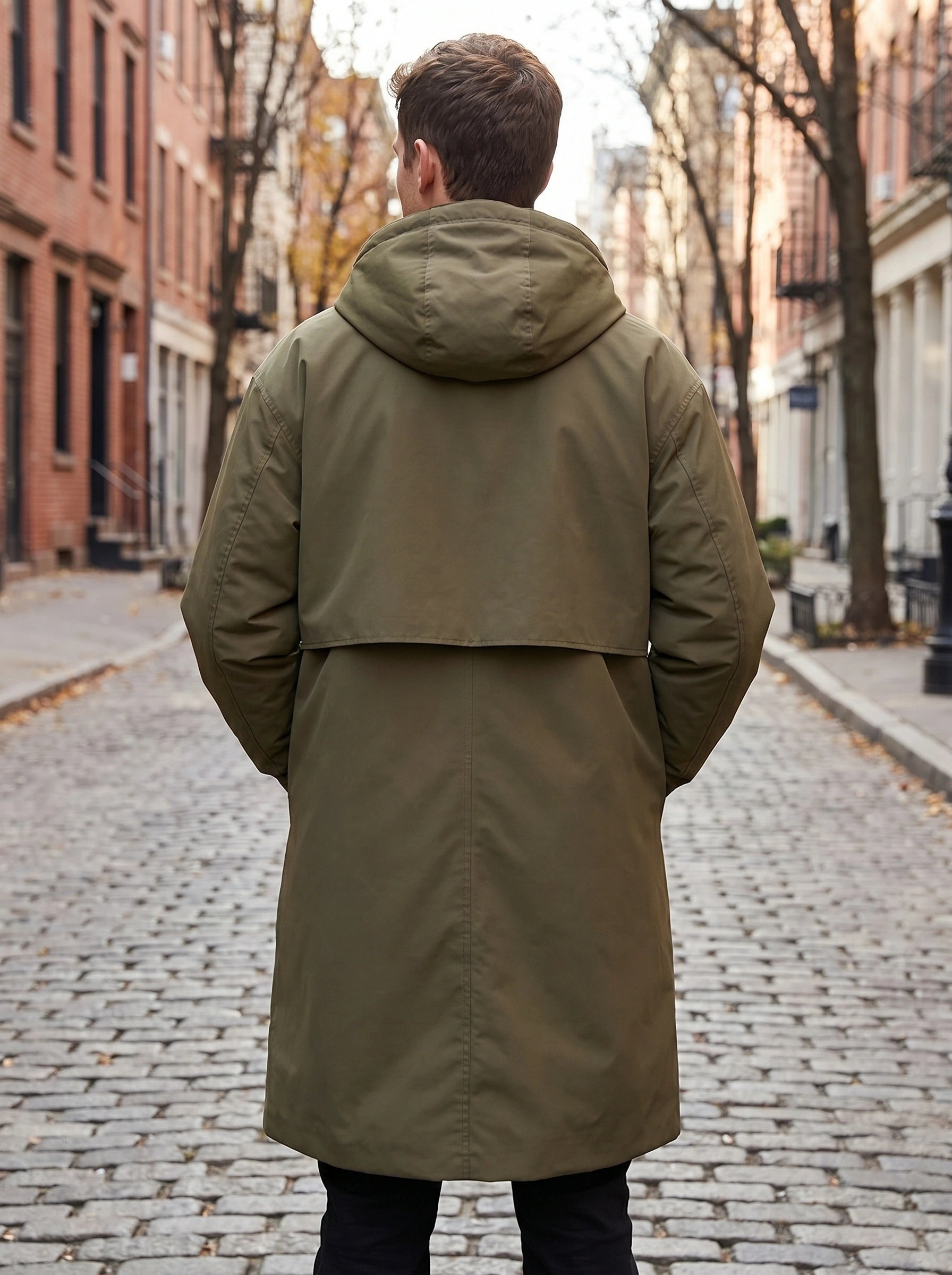 Back view of a model showing the mens oversized winter overcoat in a deep navy color, showing its tailored construction and silhouette against a neutral background.