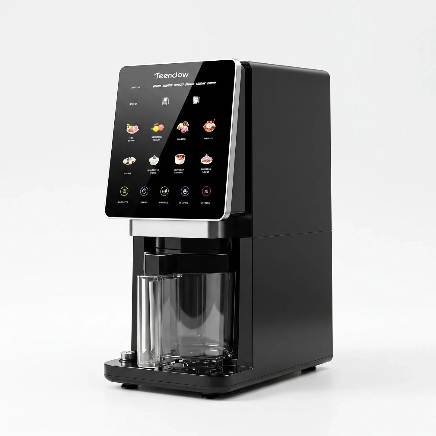 View showcasing the sleek design, touchscreen interface, and preset buttons of the compact ice cream maker