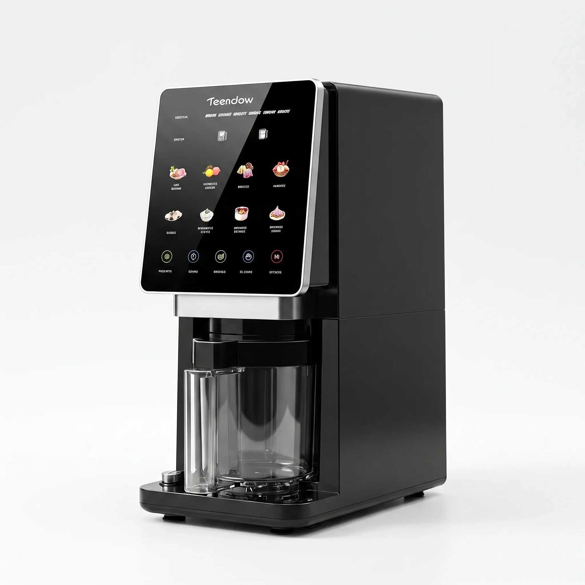 View showcasing the sleek design, touchscreen interface, and preset buttons of the compact ice cream maker