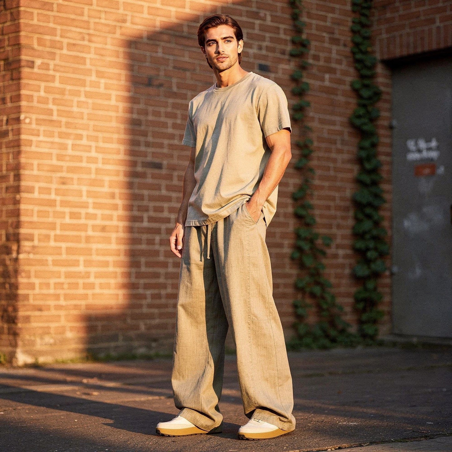 Lightweight summer trousers in light beige, featuring a relaxed fit and pockets, view showcasing fabric texture