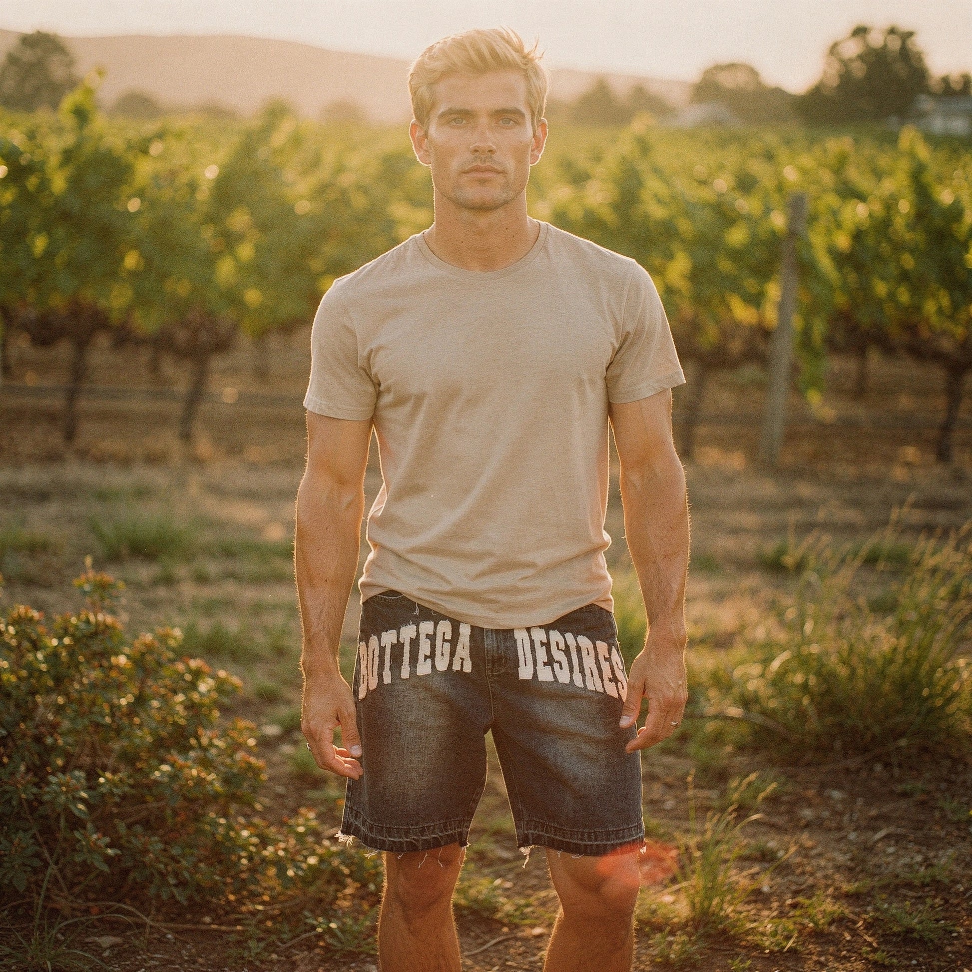View of loose fitting summer shorts in light gray fabric, featuring an elastic waistband and pockets