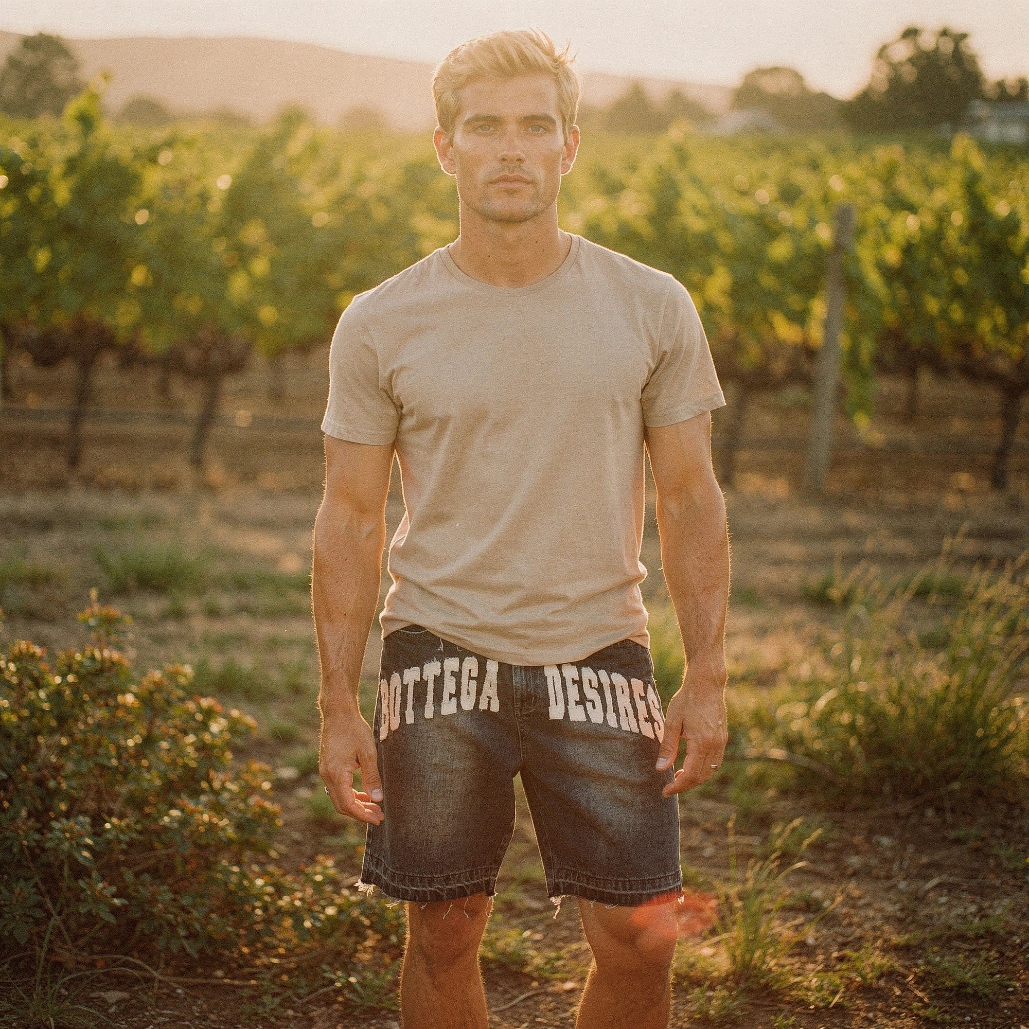 View of loose fitting summer shorts in light gray fabric, featuring an elastic waistband and pockets