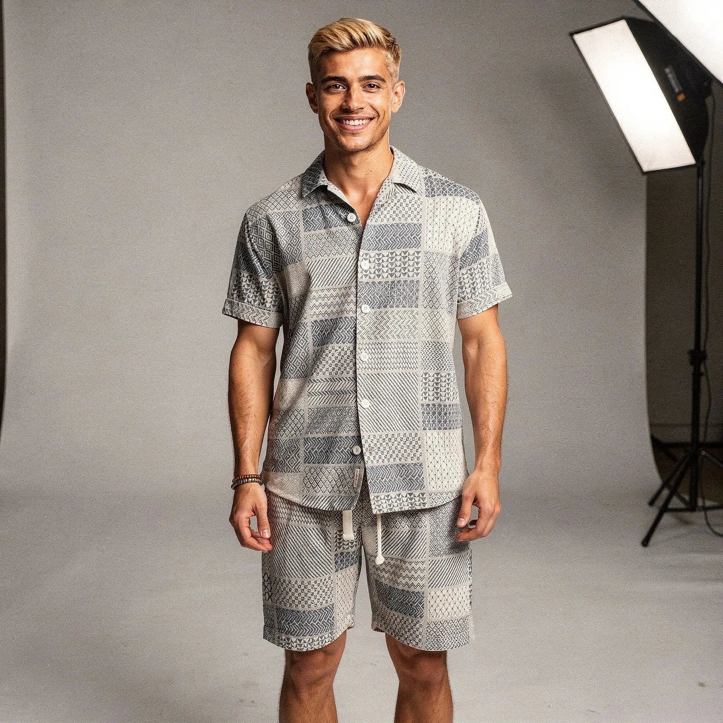 Light blue relaxed fit short sleeve button up resort shirt with a pocket, displayed