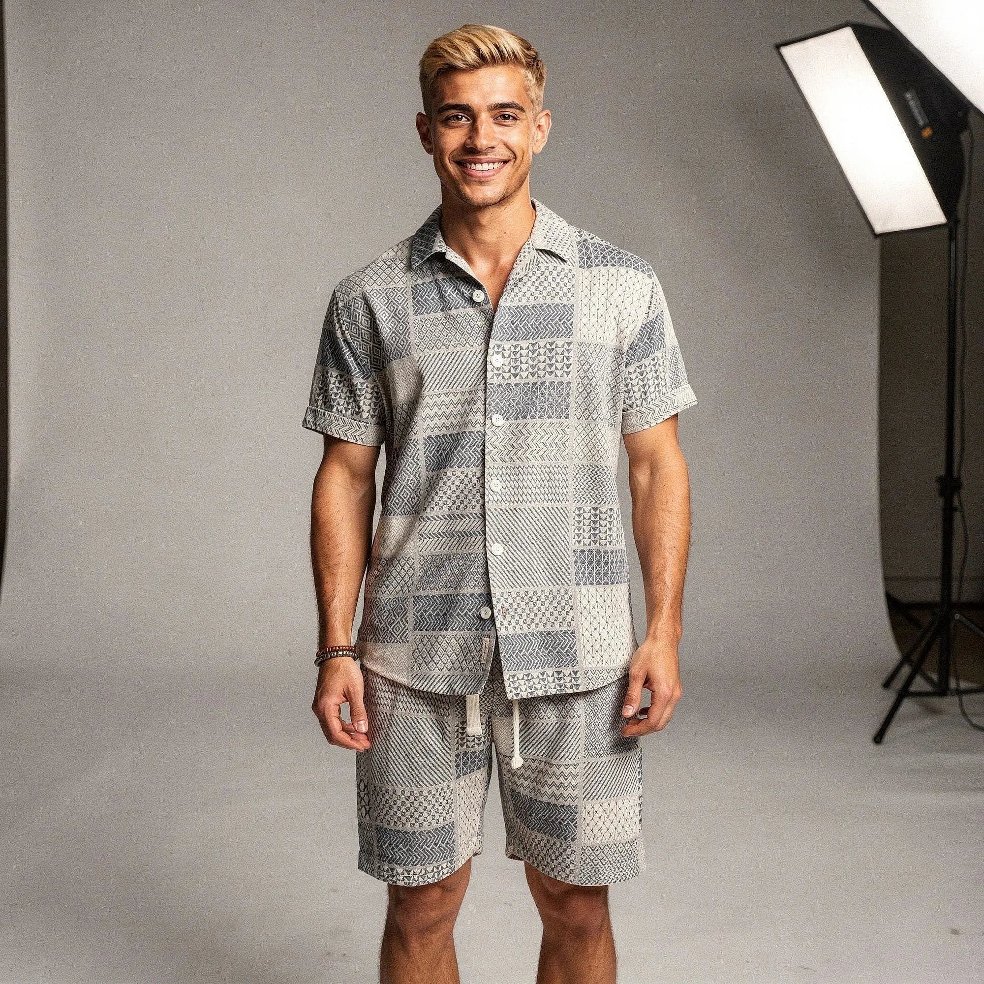 Light blue relaxed fit short sleeve button up resort shirt with a pocket, displayed