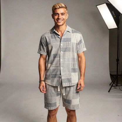 Light blue relaxed fit short sleeve button up resort shirt with a pocket, displayed
