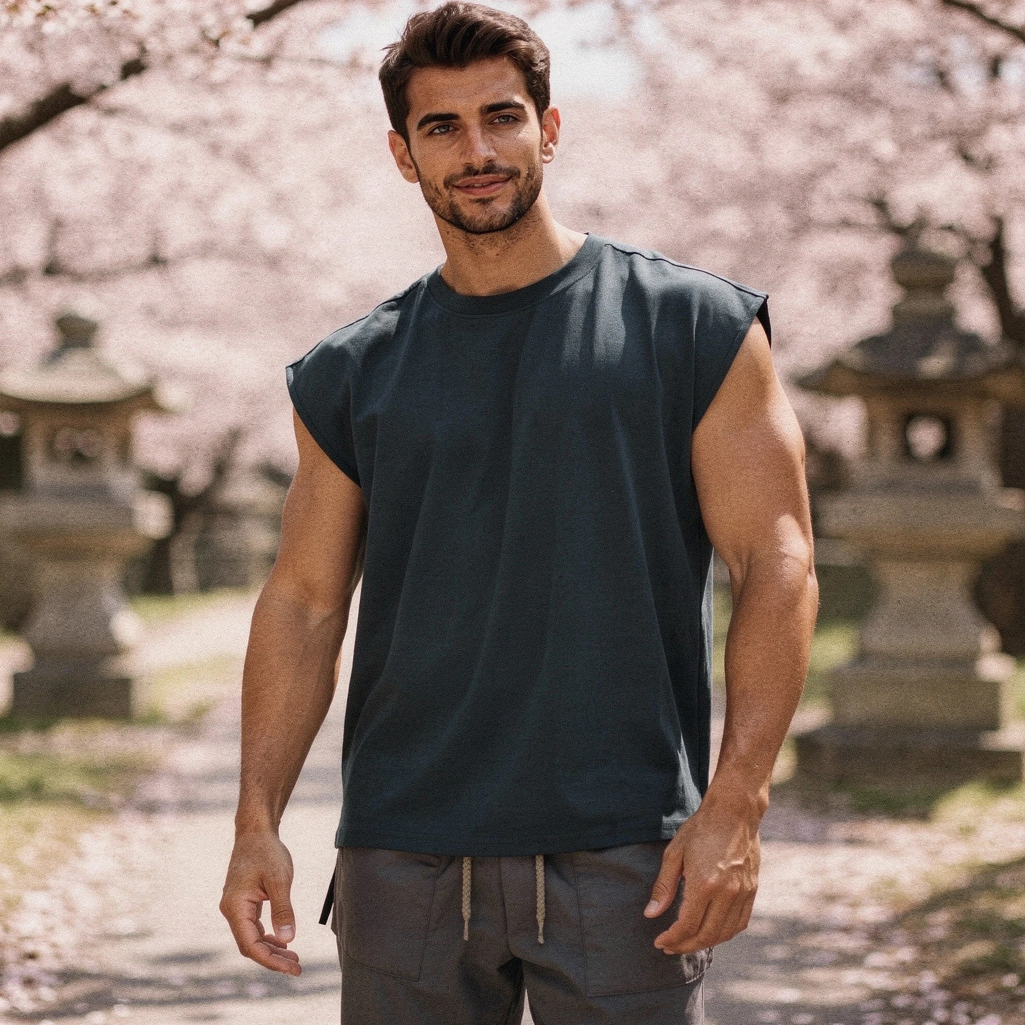 View of a sleek, comfortable summer tank top in light gray, featuring a soft cotton blend and a relaxed fit