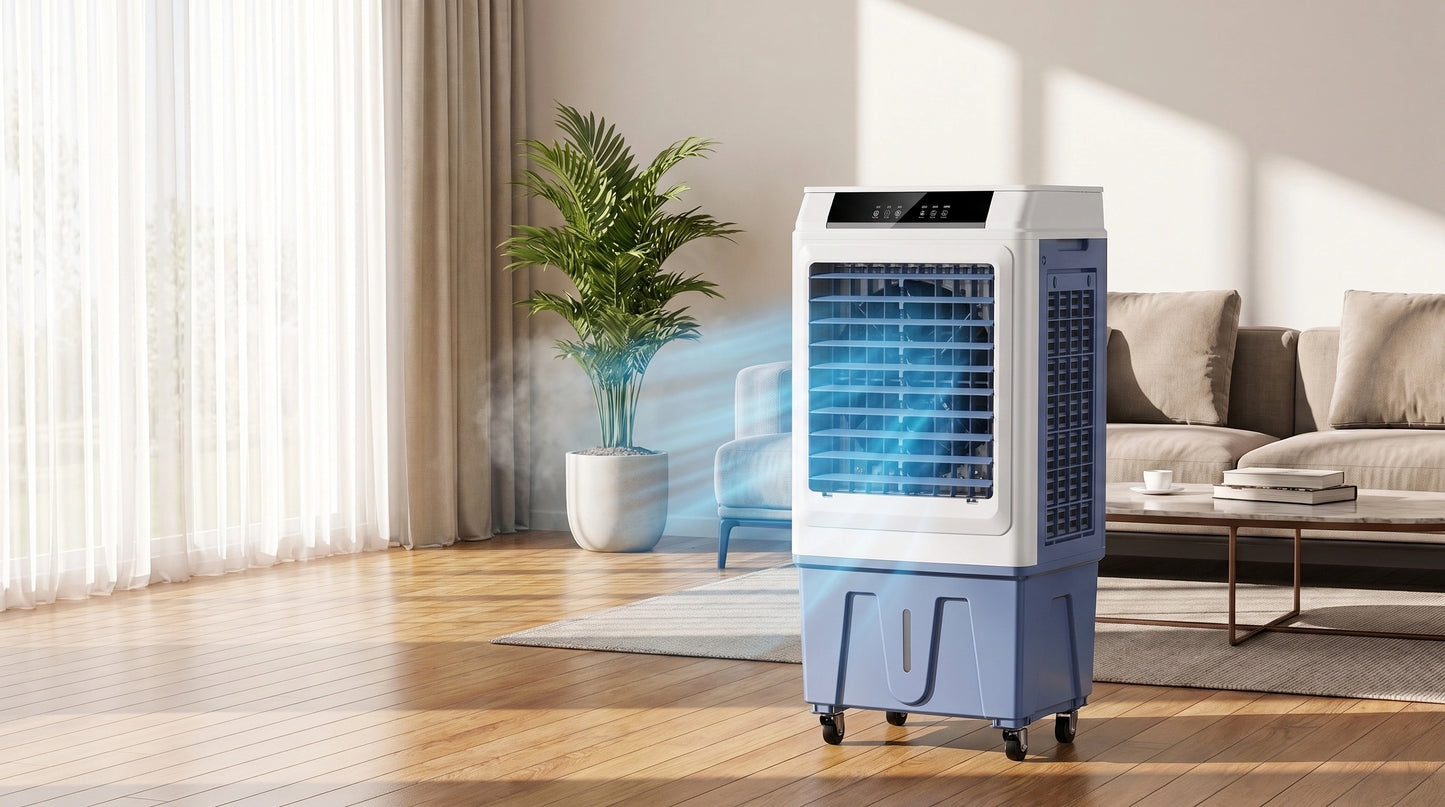 Close up of the efficient portable evaporative air cooler showing its sleek design, textured exterior, and remote control feature against a neutral background.