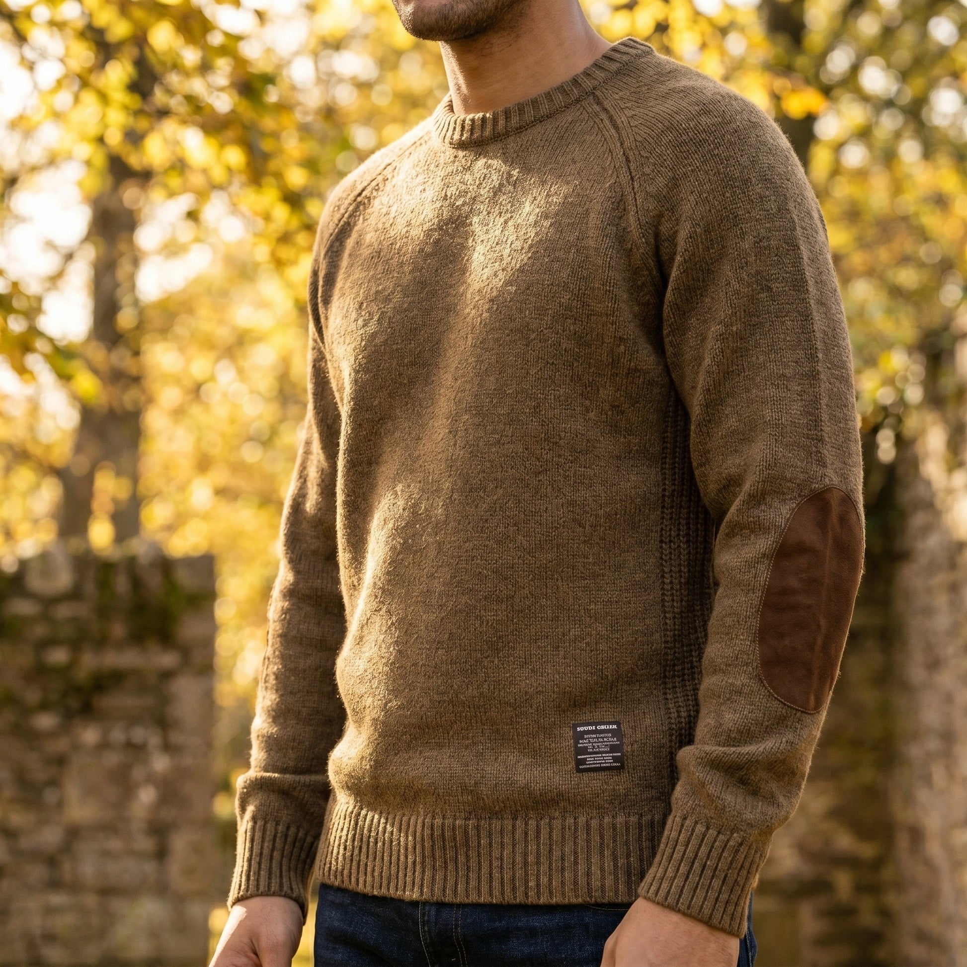 Close up of the Mens Timeless Relaxed Sweater showing the soft fabric, intricate stitching, and elbow patches against a neutral background.