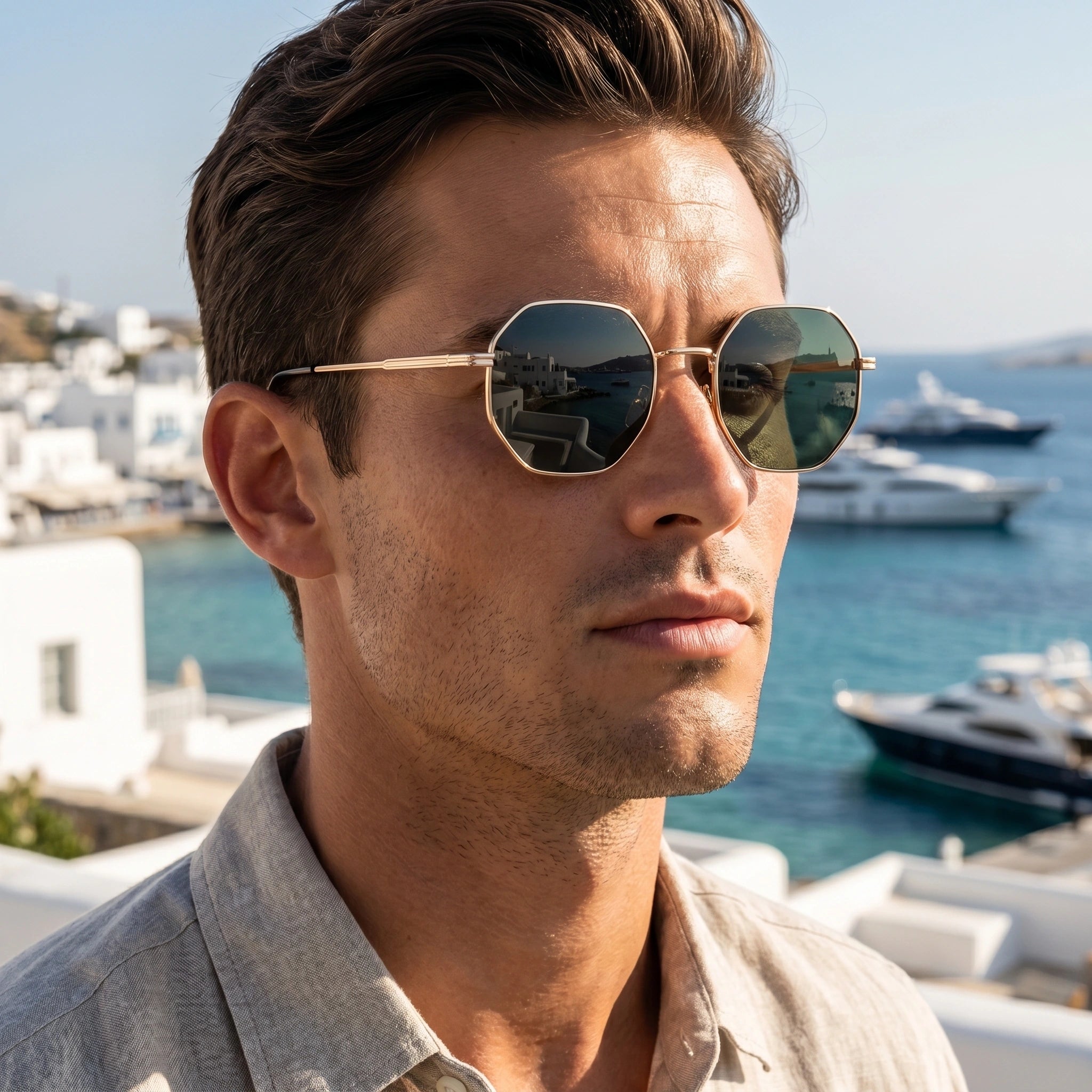 Close up view of the vintage sunglasses showing intricate detailing and stitching, perfect for enhancing summer outfits with a touch.