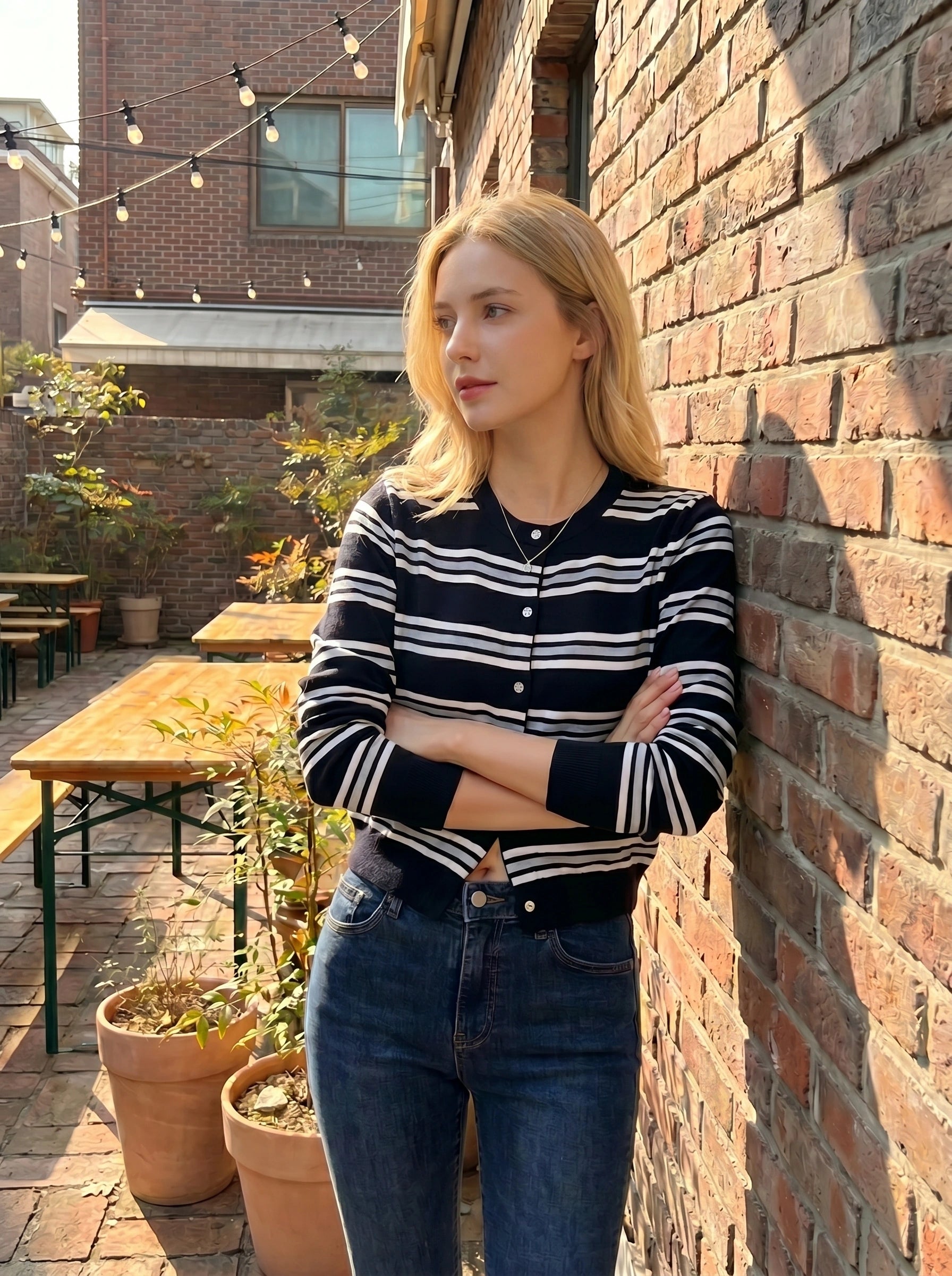 Close up view of the Womens Striped Autumn Cardigan, showing the soft fabric texture and meticulous stitching details in warm autumn colors.