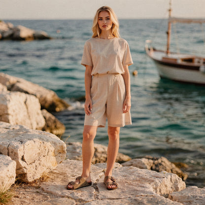 View of relaxed summer sandals in light tan leather with adjustable straps and cushioned footbed