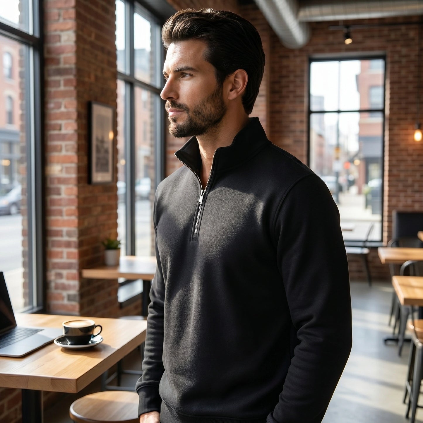 Close up view of the Men's Quarter Zip Sweater showing its soft fabric texture, detailed stitching, and sophisticated design elements against a neutral background.