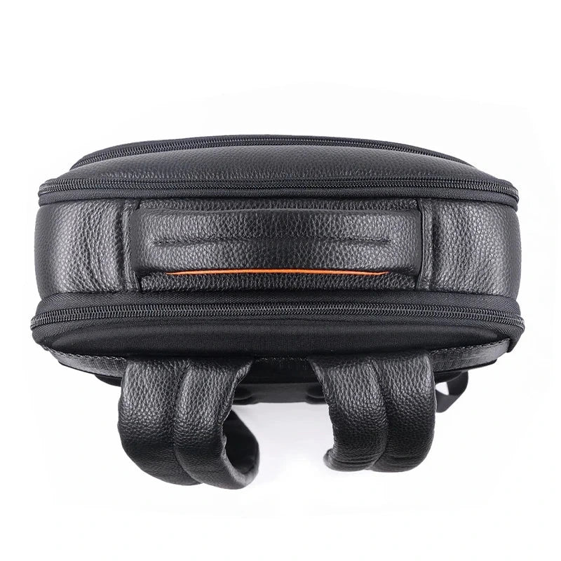 View of sleek genuine leather backpack featuring a fingerprint lock, showcasing its elegant design and sturdy construction