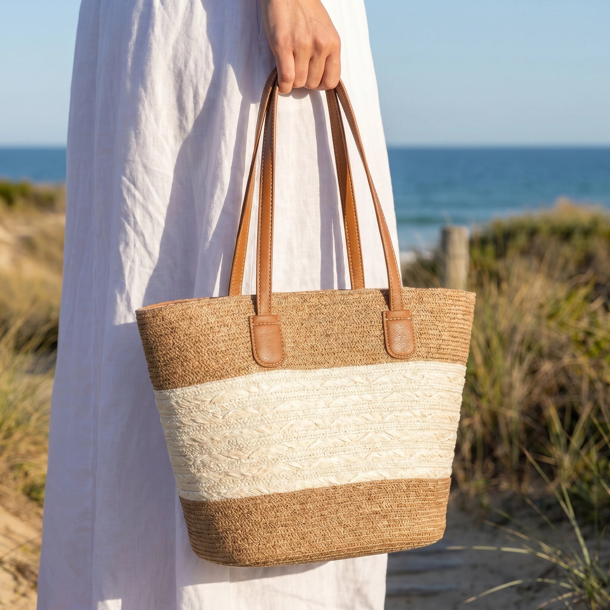 Close up view of the Womens Spacious Summer Shoulder Bag showing its textured fabric and intricate stitching, perfect for beach and travel outings.
