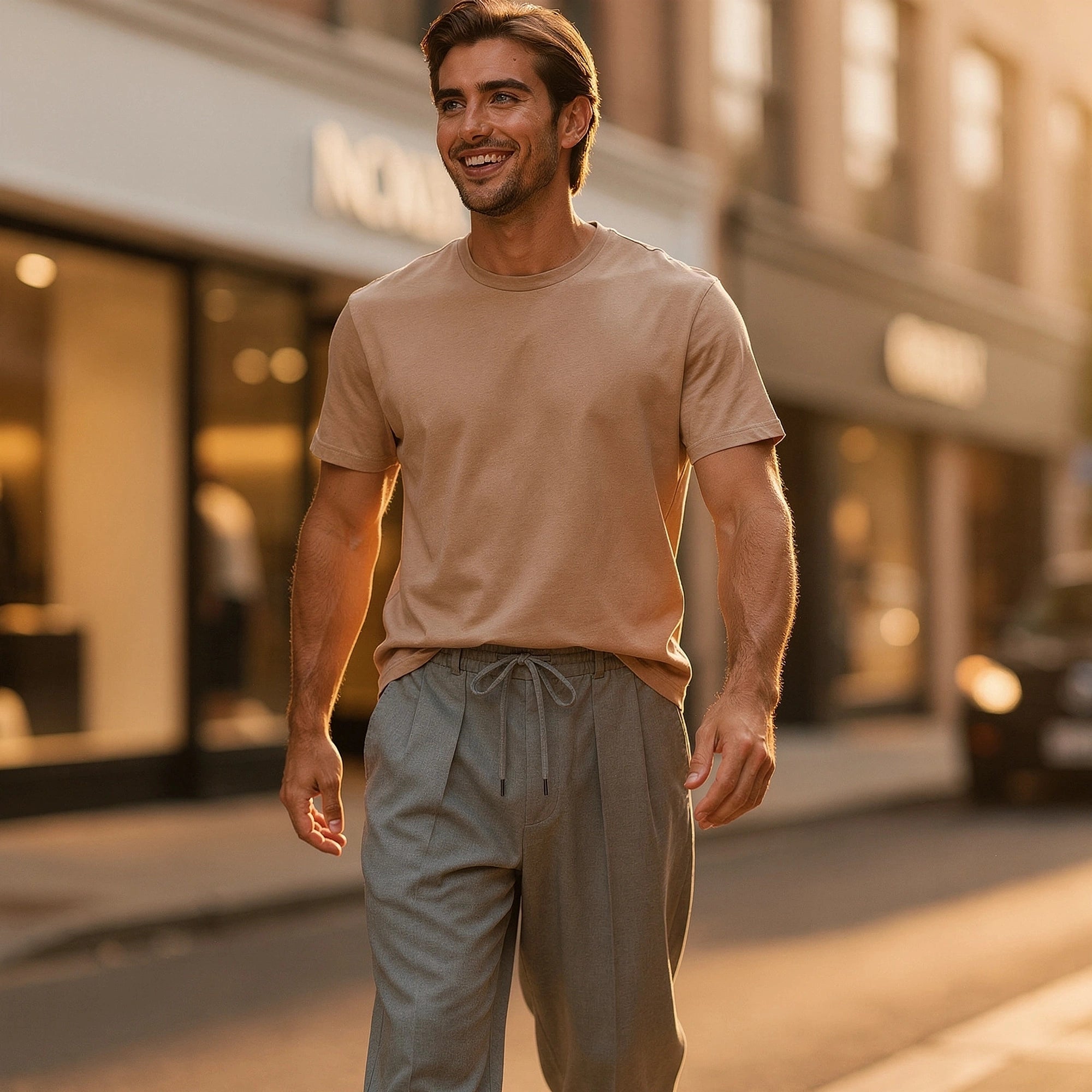View of relaxed drawstring pants in light gray fabric, featuring an elastic waistband and pockets