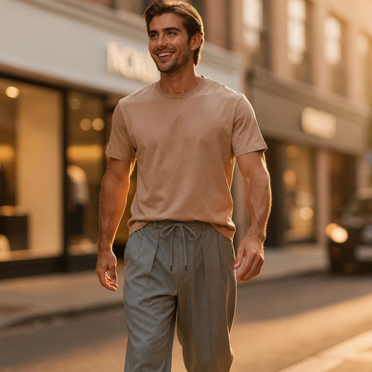 View of relaxed drawstring pants in light gray fabric, featuring an elastic waistband and pockets