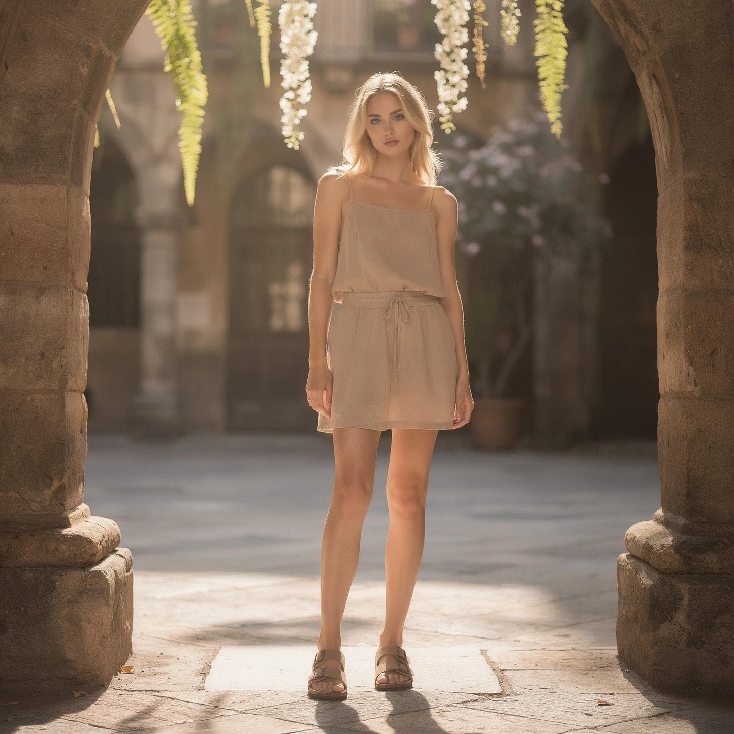 View of chic relaxed summer sandals in soft beige leather with adjustable straps and a cushioned footbed