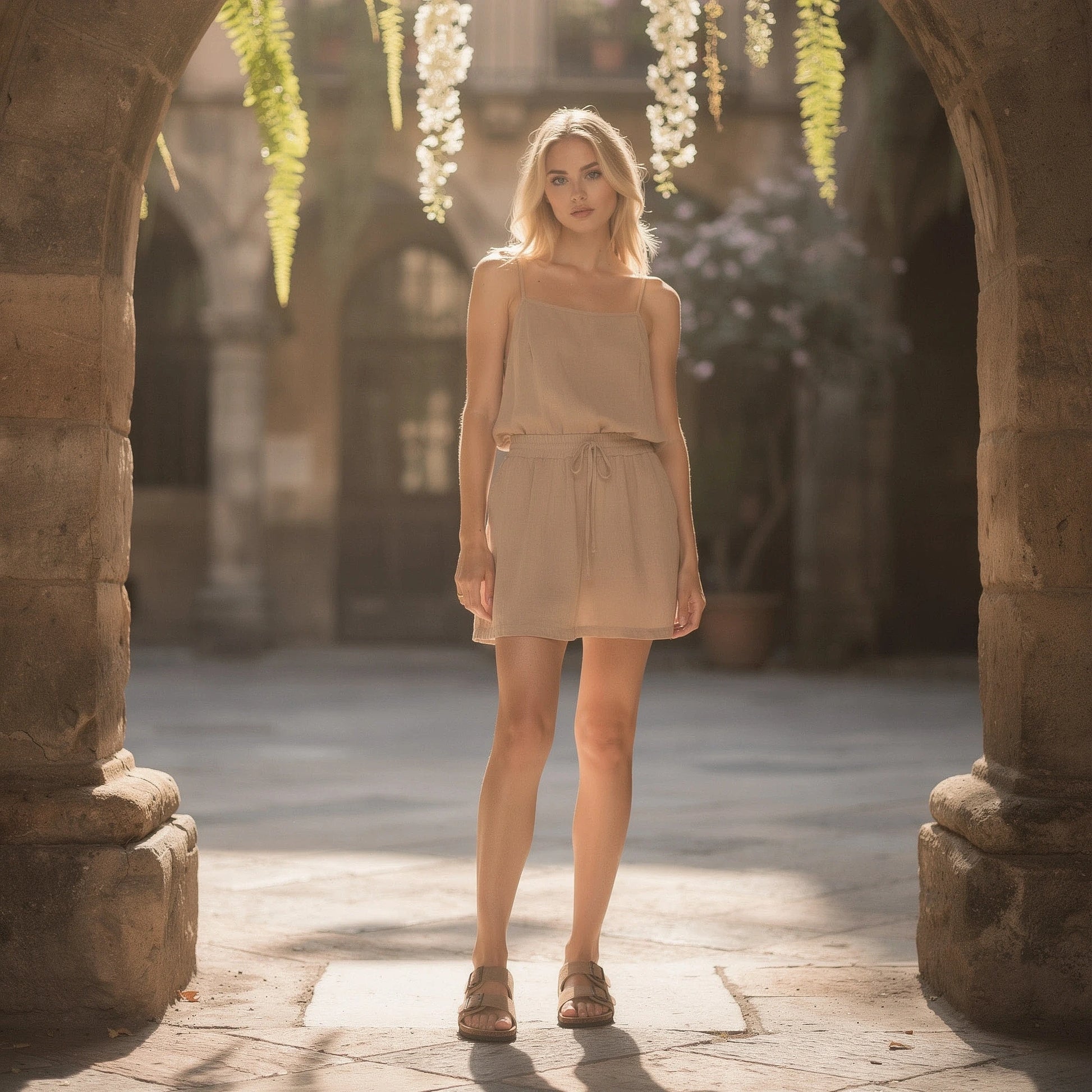View of chic relaxed summer sandals in soft beige leather with adjustable straps and a cushioned footbed