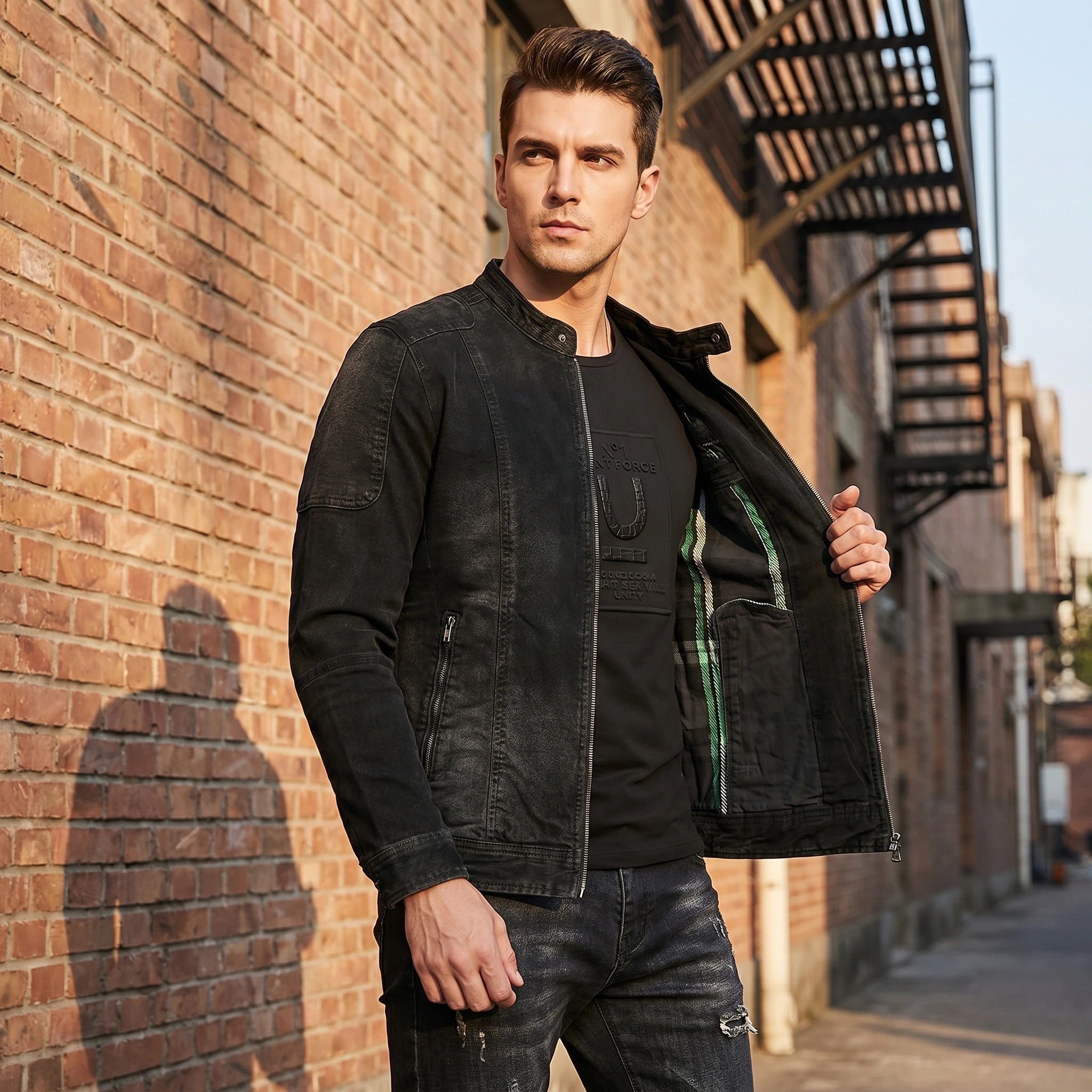 A model showcases the Men's Urban Casual Jacket in navy blue, paired with casual denim and set against a cityscape background.
