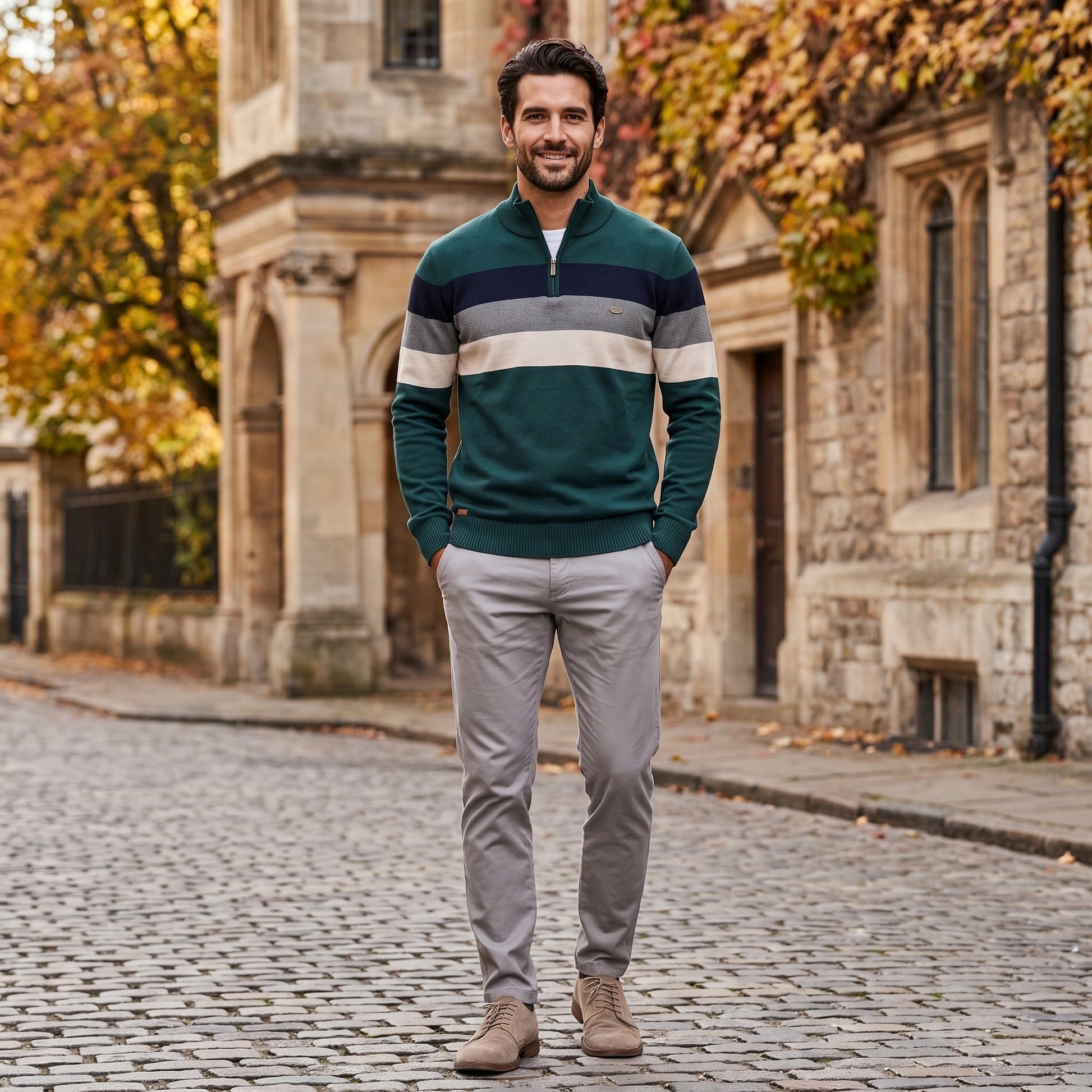 Close up view of the men's ribbed knit sweater showing the quarter zip and textured fabric, showing its stripes and quality stitching.