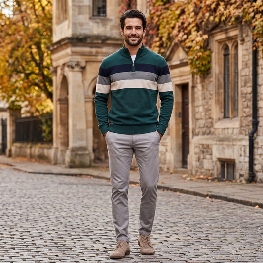 Close up view of the men's ribbed knit sweater showing the quarter zip and textured fabric, showing its stripes and quality stitching.