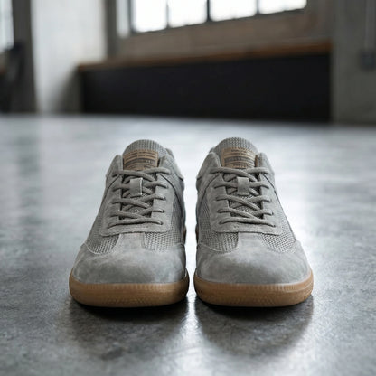 Close up view showing the premium fabric and intricate stitching details of the Mens Classic Lace Up Sneakers in sleek black.