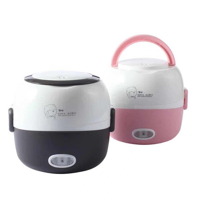 View of a stylish portable electric lunch box steamer in sleek gray, featuring a compact design and easy to use lid