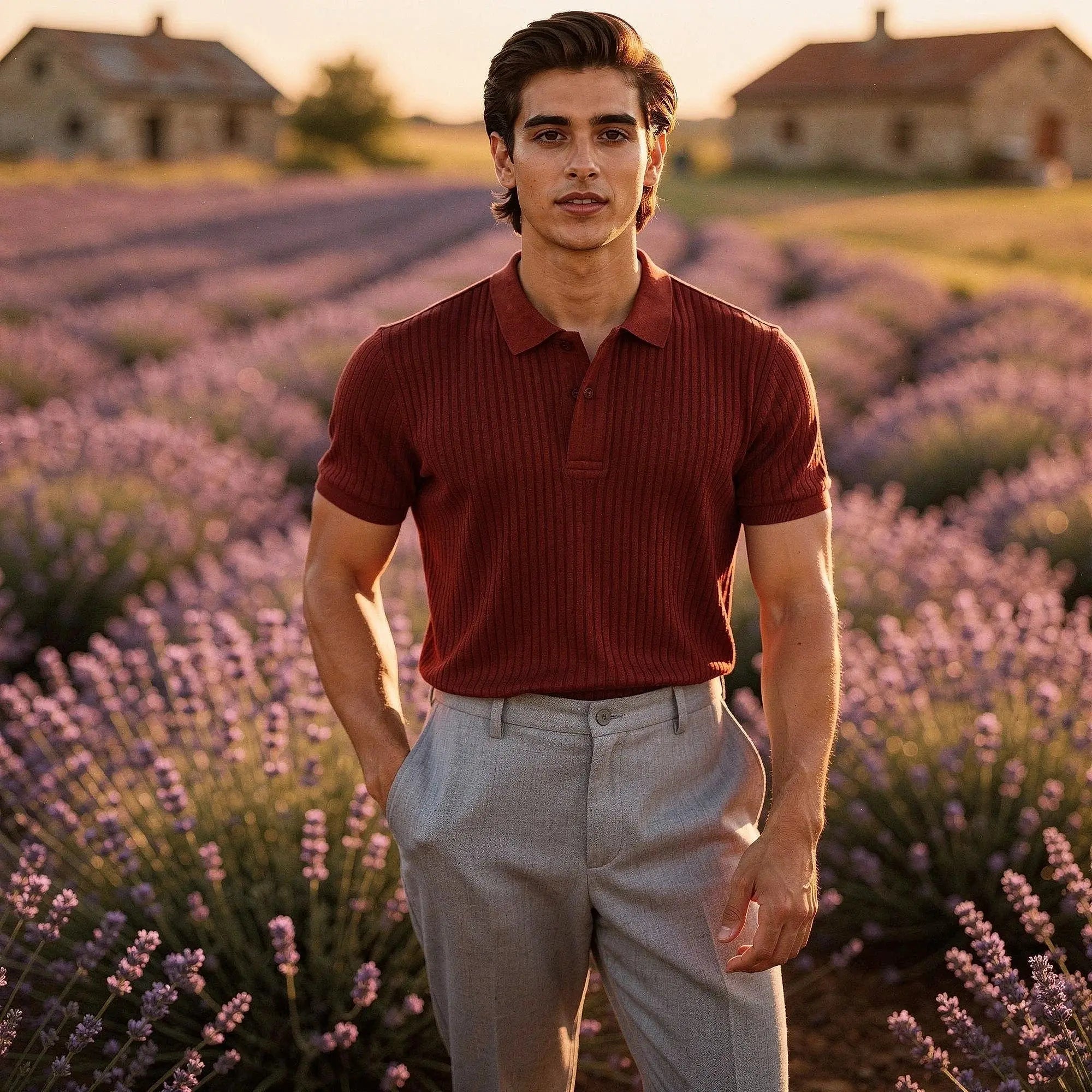 View of a slim fit short sleeve polo t shirt in light blue, made of breathable cotton, showcasing a classic collar and subtle stitching
