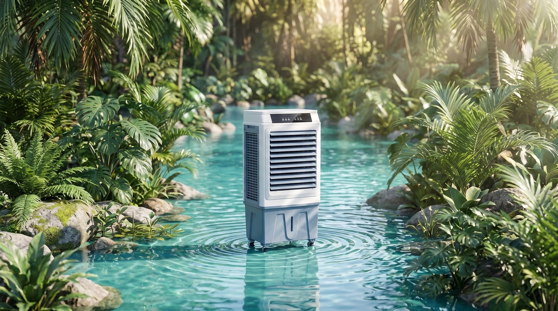 Close up view showing the sleek design and durable fabric of the Efficient Portable Evaporative Air Cooler, showing its quality stitching and modern features.