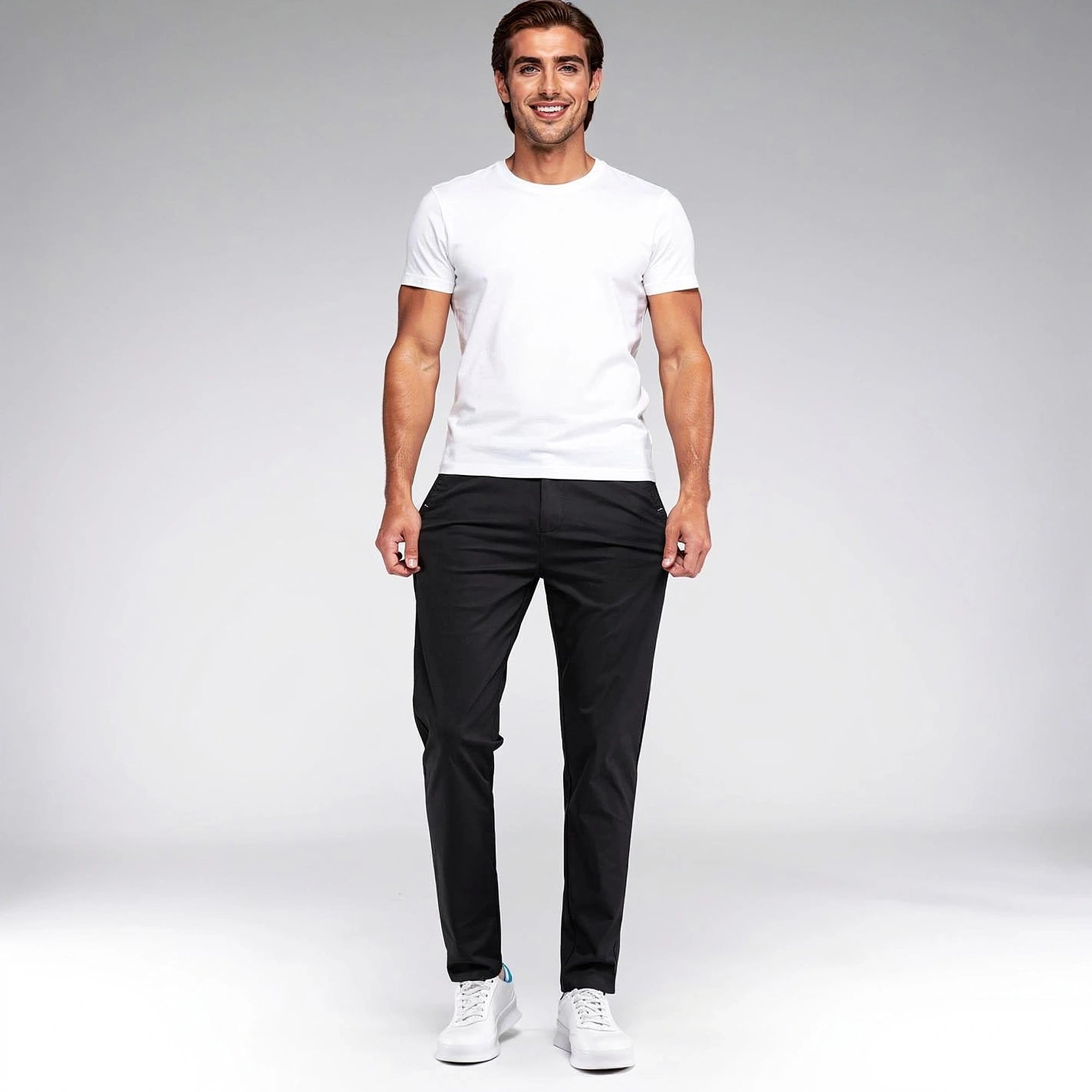 View of slim fit casual pants in a soft cotton blend, featuring a comfortable waistband and subtle stitching