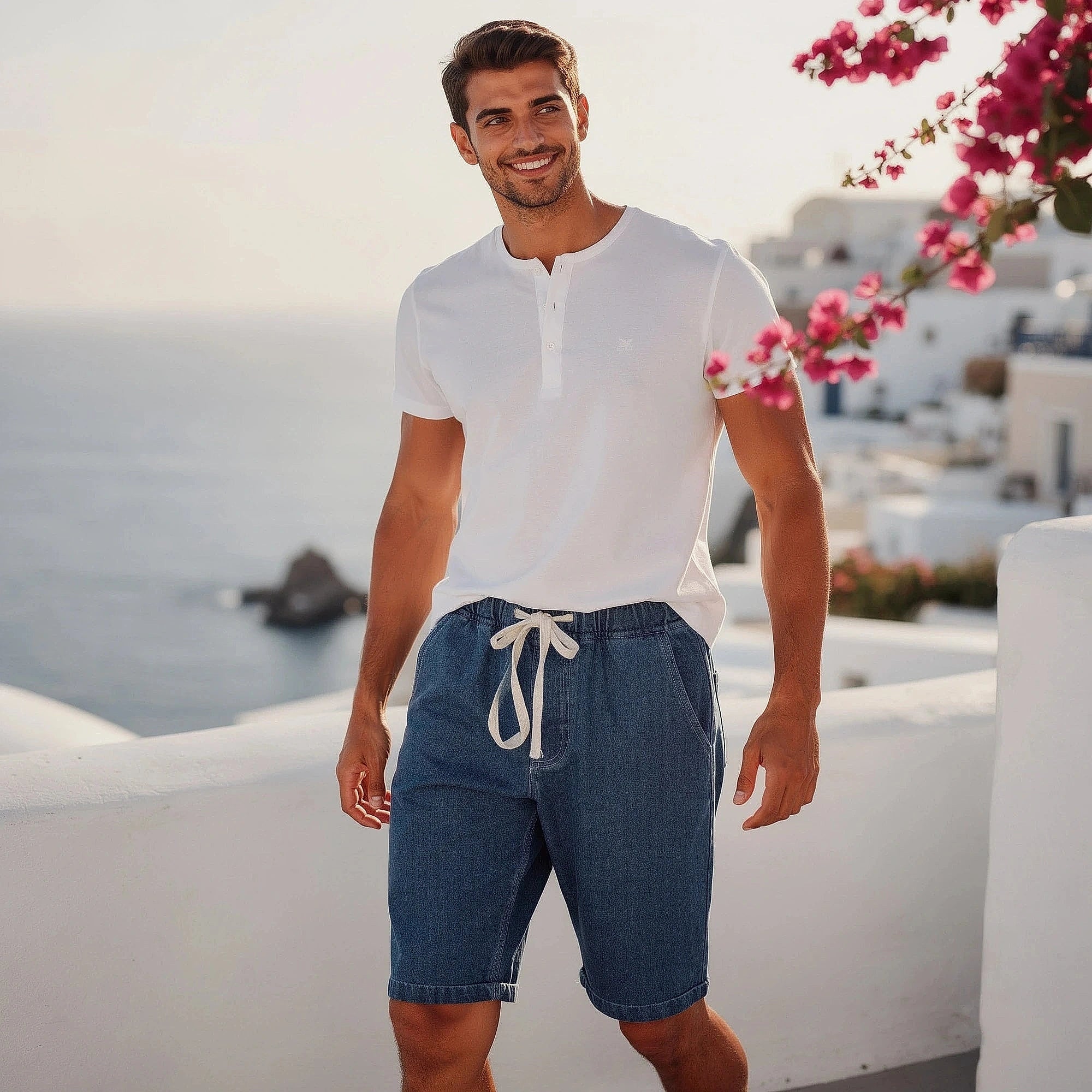 View of trendy loose straight leg denim shorts in light blue, featuring a classic five pocket design and frayed hem