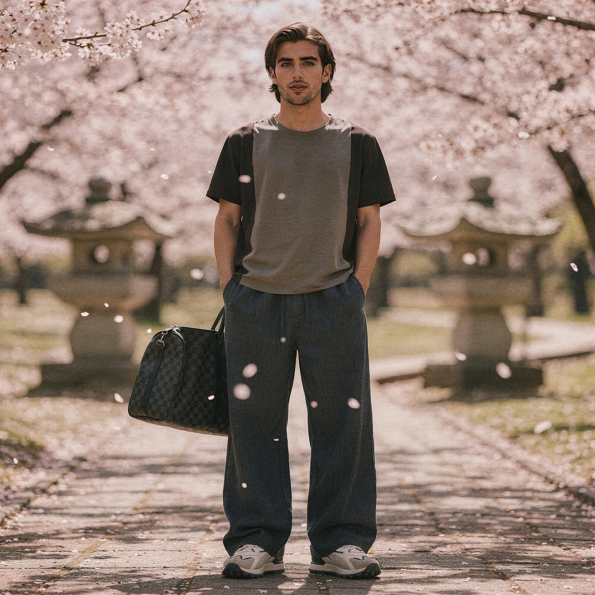 Lightweight summer trousers in light beige, featuring a relaxed fit, pockets, and a comfortable waistband, view