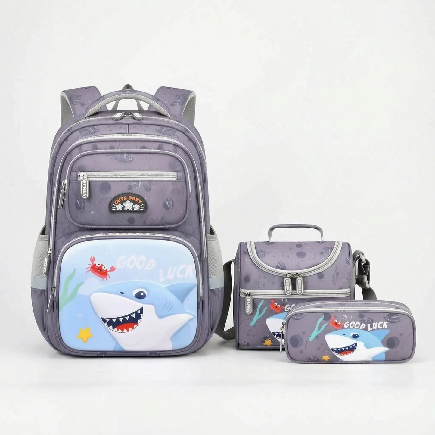 View of a stylish oxford school backpack set featuring a coordinated color scheme, durable fabric, and multiple compartments