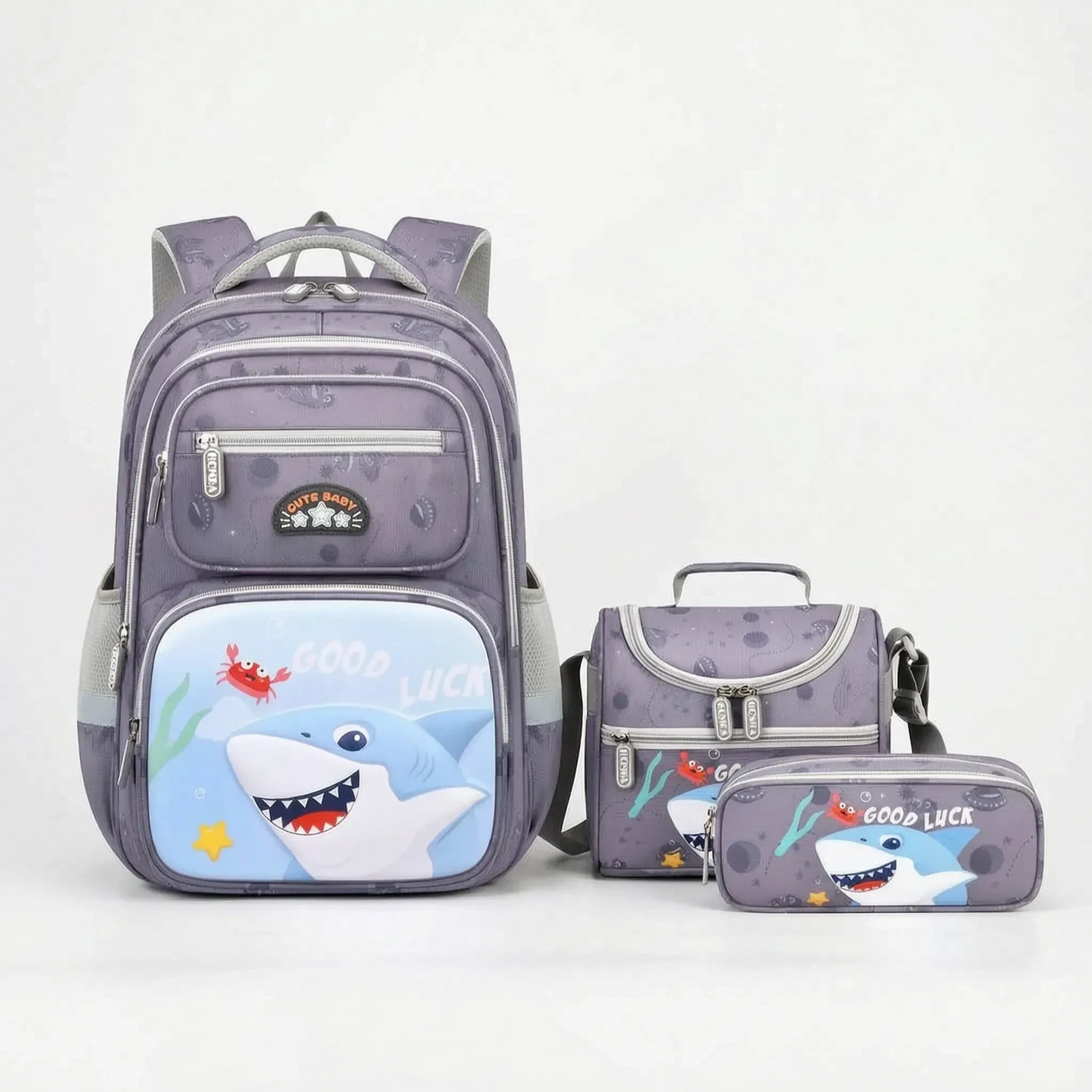 View of a stylish oxford school backpack set featuring a coordinated color scheme, durable fabric, and multiple compartments