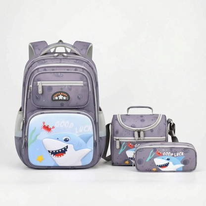 View of a stylish oxford school backpack set featuring a coordinated color scheme, durable fabric, and multiple compartments