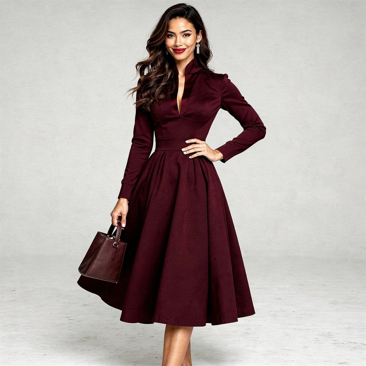 Elegant V neck midi dress in soft fabric, featuring a flattering silhouette and a view showcasing its graceful design