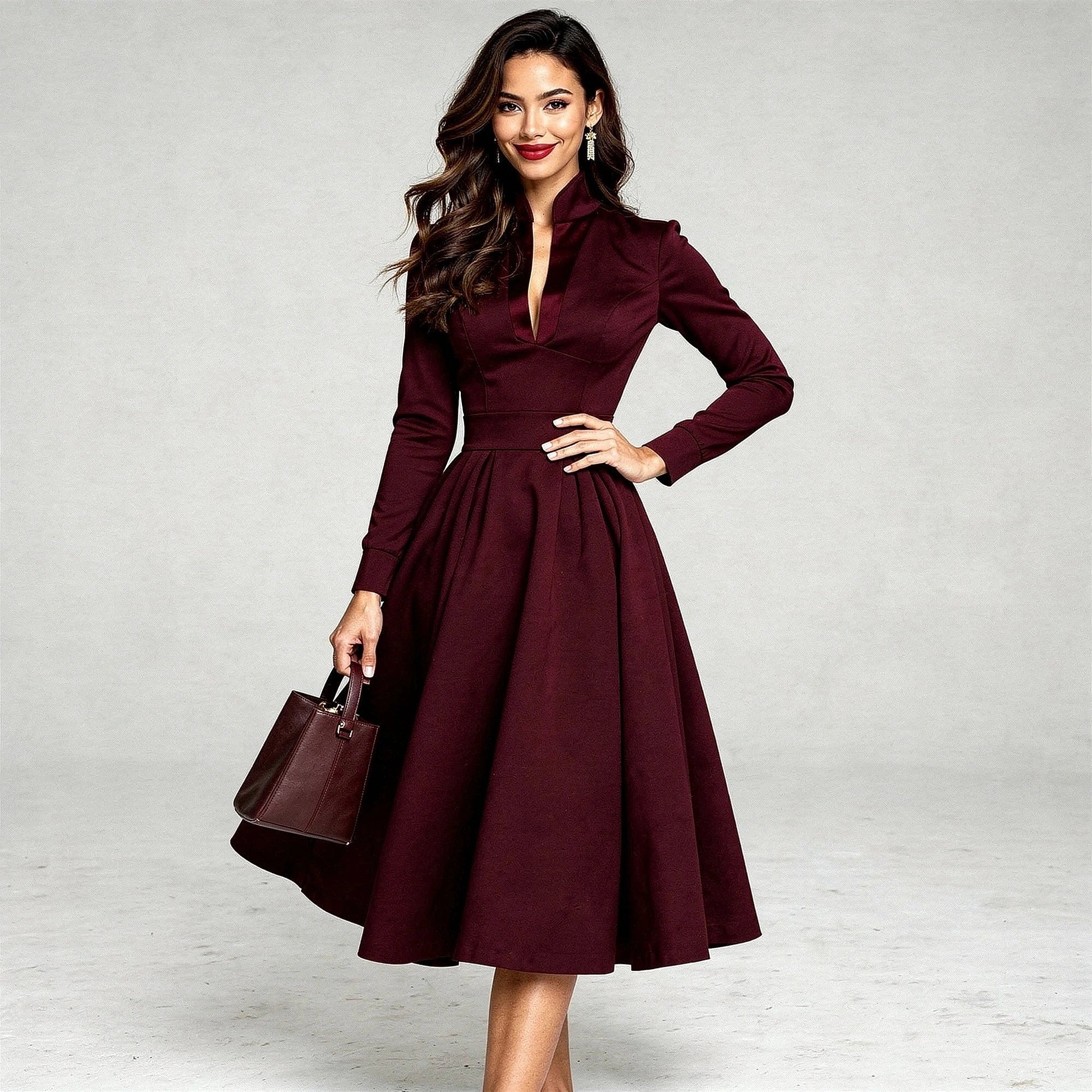 Elegant V neck midi dress in soft fabric, featuring a flattering silhouette and a view showcasing its graceful design