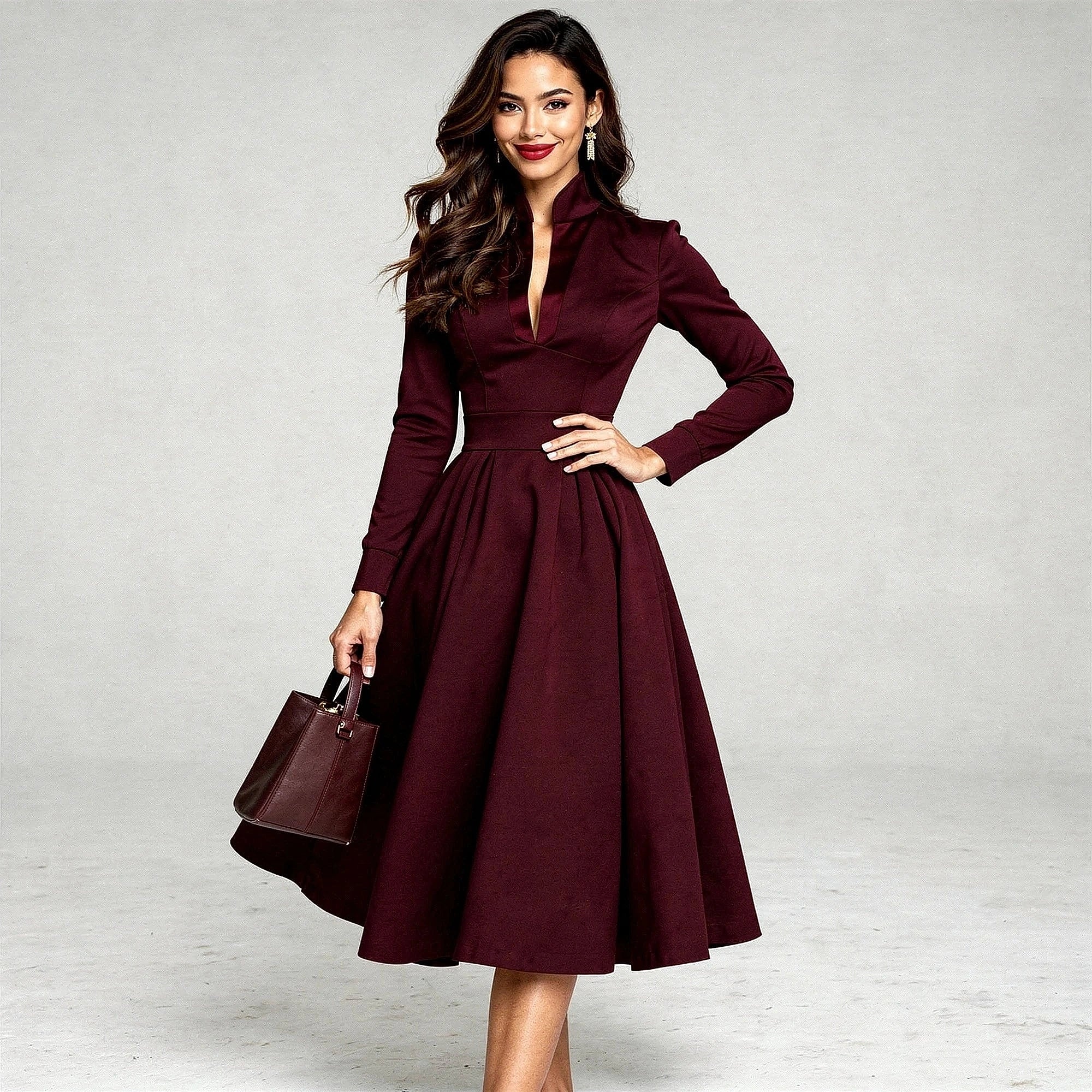 Elegant V neck midi dress in soft fabric, featuring a flattering silhouette and a view showcasing its graceful design