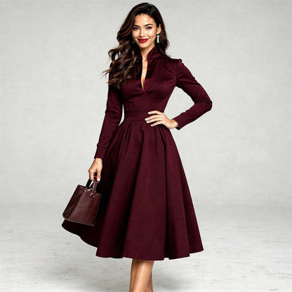 Elegant V neck midi dress in soft fabric, featuring a flattering silhouette and a view showcasing its graceful design