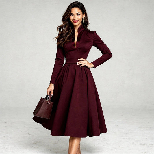 Elegant V neck midi dress in soft fabric, featuring a flattering silhouette and a view showcasing its graceful design