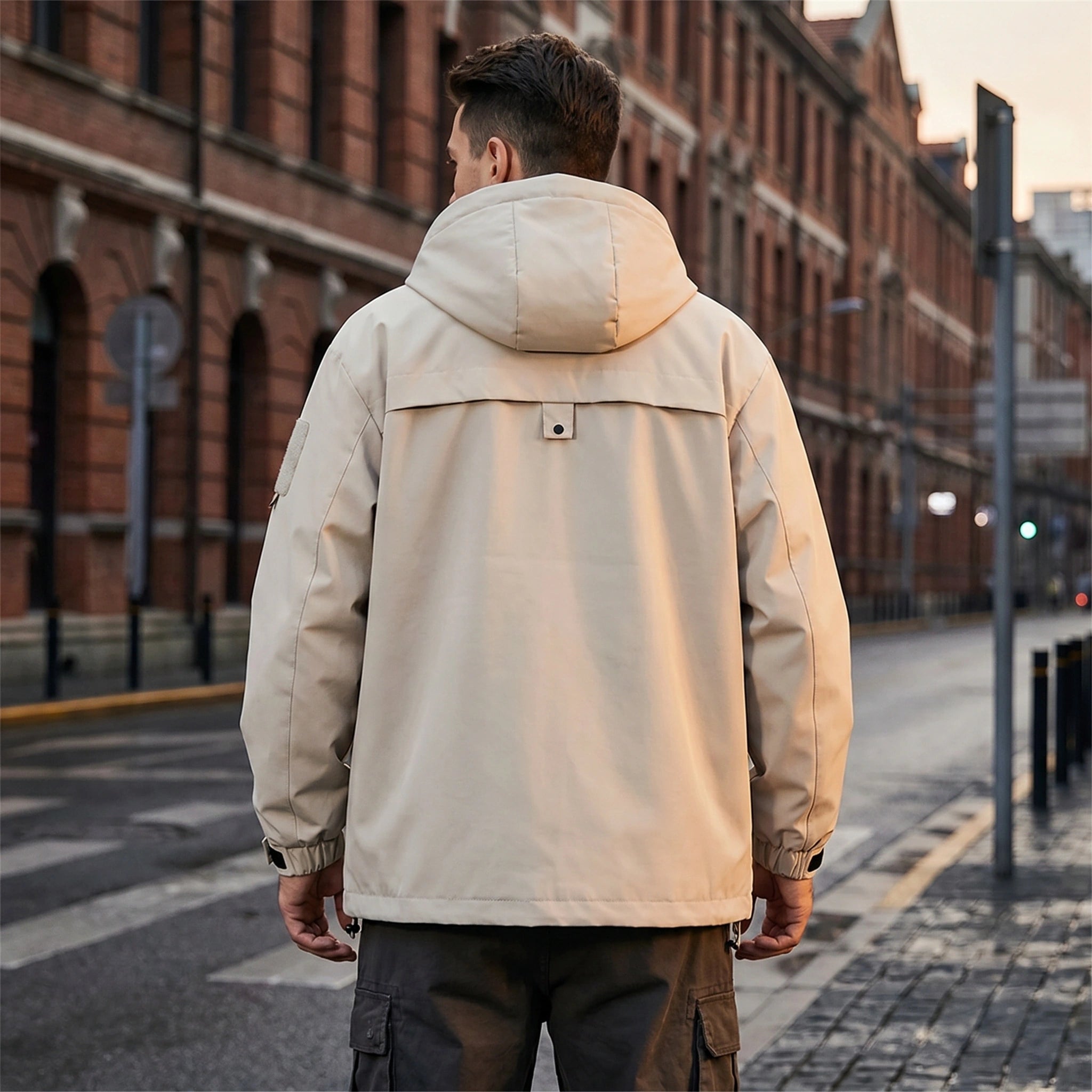Close up view of the men's casual relaxed autumn hooded jacket showing the fabric texture, stitching details, and hood design against a neutral background.