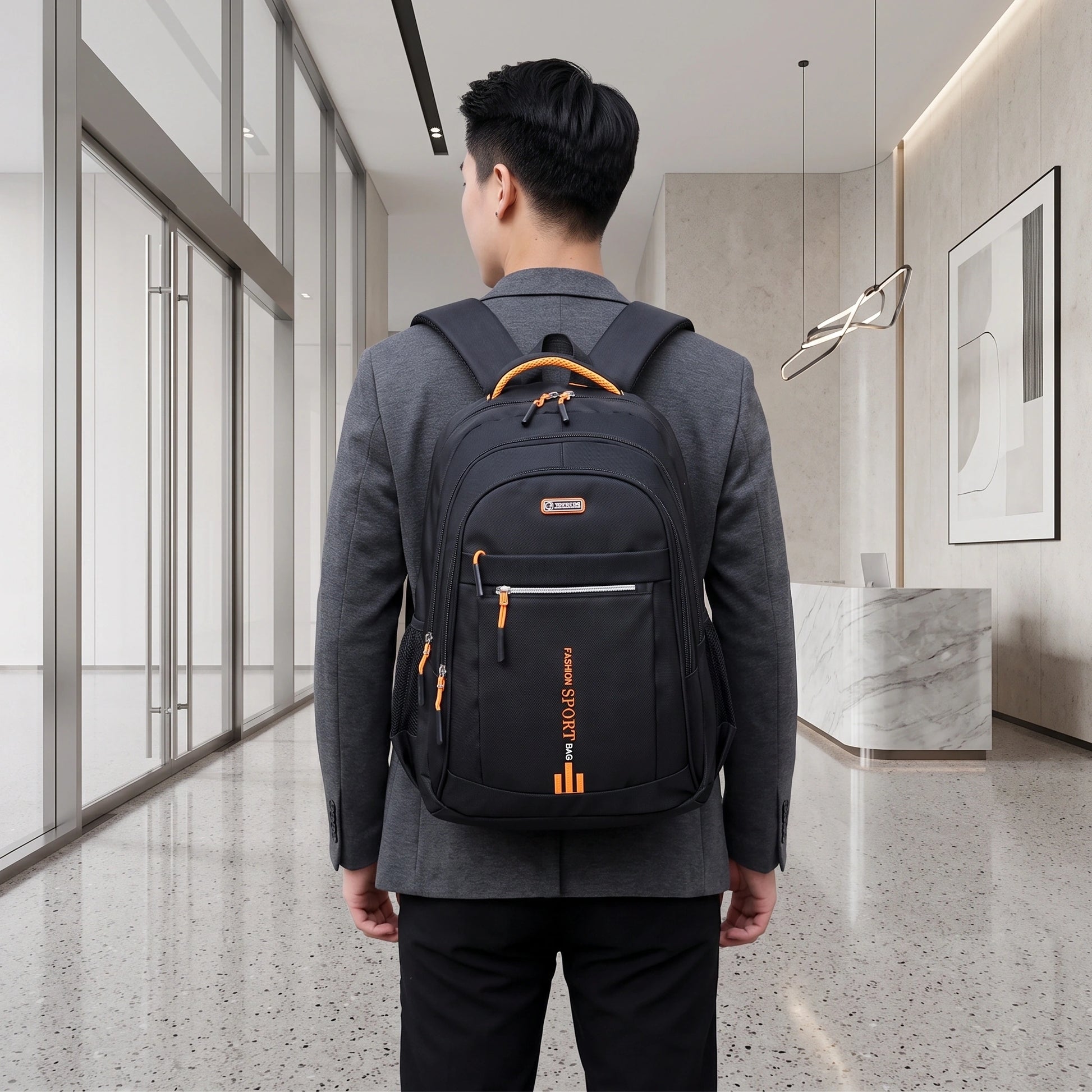Back view of the men's waterproof school backpack showing its durable Oxford fabric, ergonomic design, and sleek silhouette against a neutral urban background.