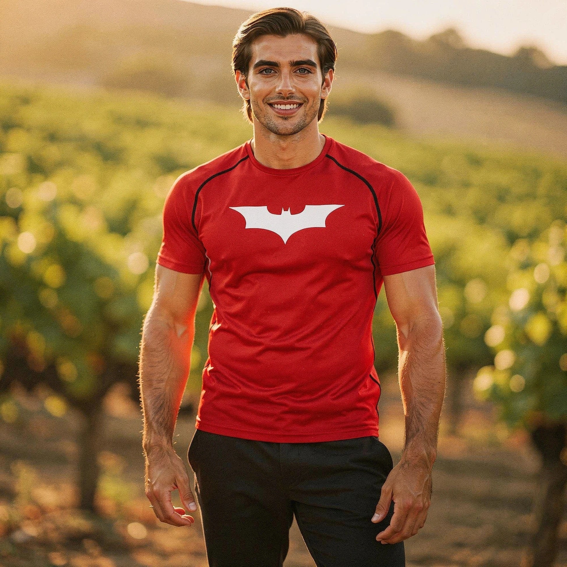 View of a fitted men's athletic compression running tee in black, featuring short sleeves and moisture wicking fabric