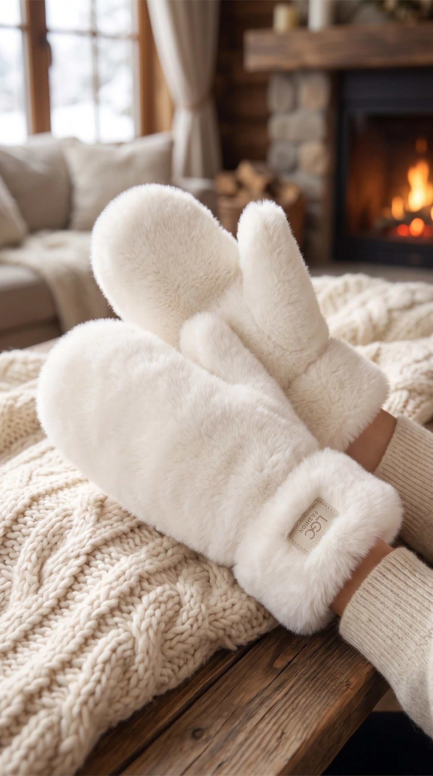Close up view of the Womens Cozy Plush Winter Gloves showing the soft fabric, intricate stitching, and design perfect for winter outfits.