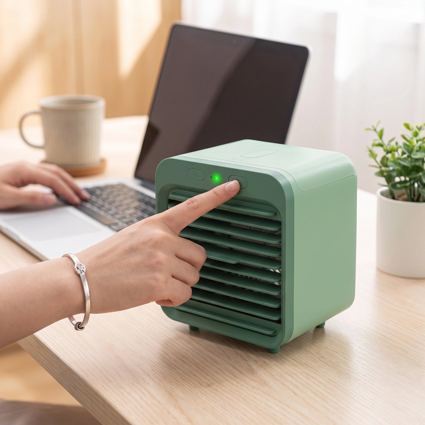 Close up view showing the sleek design and stitching details of the Compact Rechargeable USB Air Conditioner Fan, showing its modern and portable features.